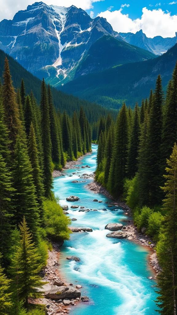 Rivière turquoise serpentant dans une vallée montagneuse