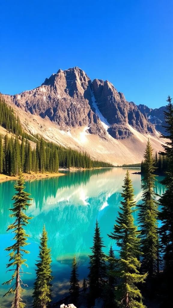 Pic rocheux reflété dans un lac turquoise, style Moraine Lake