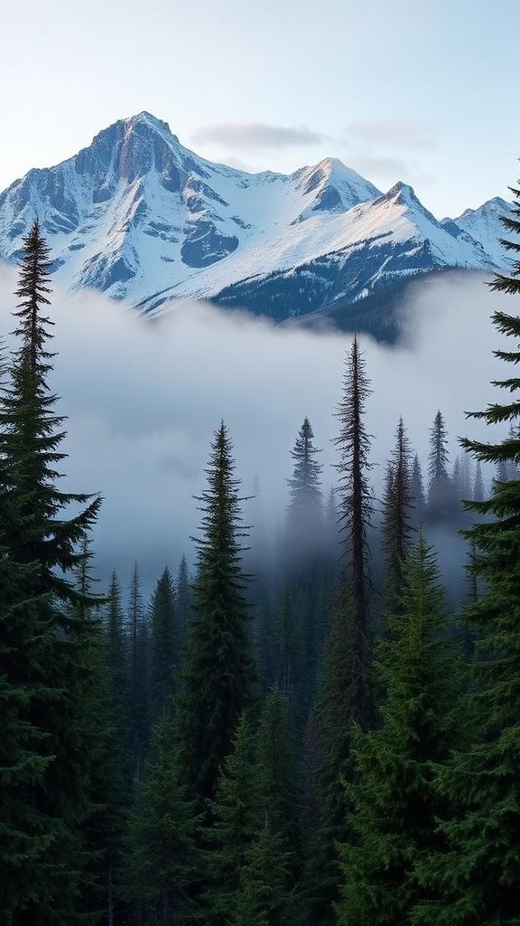 Forêt de conifères dans la brume matinale avec pics enneigés