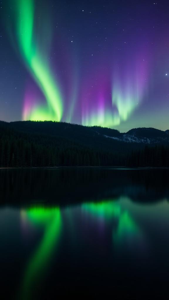 Aurores boréales vertes et violettes au-dessus d'un lac calme