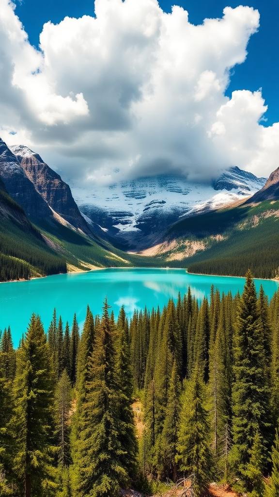 Lac turquoise entouré de montagnes enneigées, Rocheuses canadiennes
